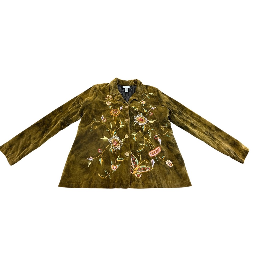 Indigo Moon Olive Green Velvet Embroidered Butterfly Floral Blazer Fairy L
